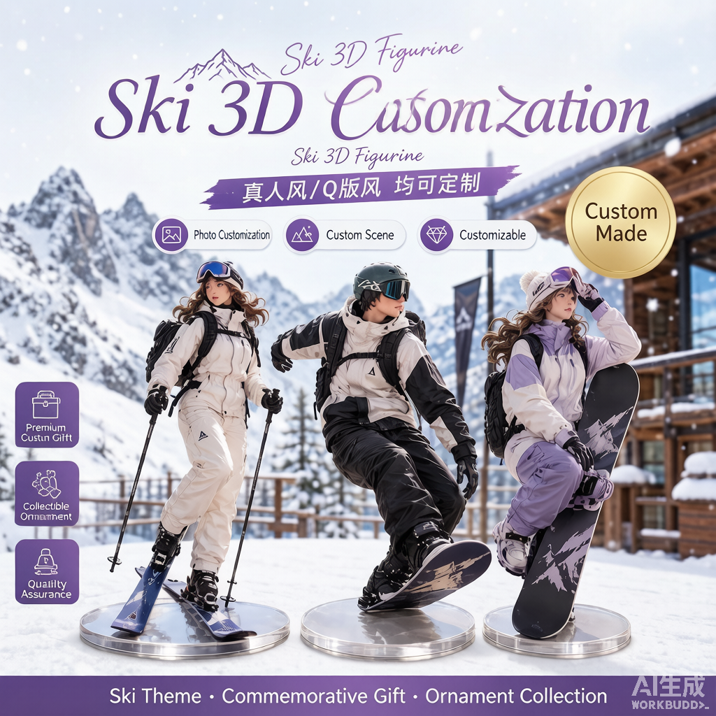 Custom ski-themed 3D figurine in winter gear from photo by Joyfulpop