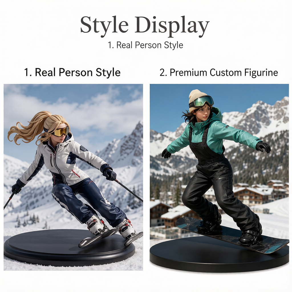 Custom ski-themed 3D figurine in winter gear from photo by Joyfulpop