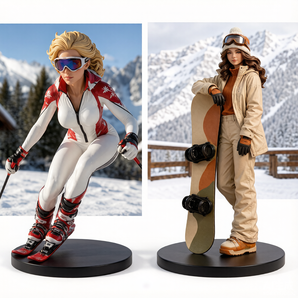 Custom ski-themed 3D figurine in winter gear from photo by Joyfulpop