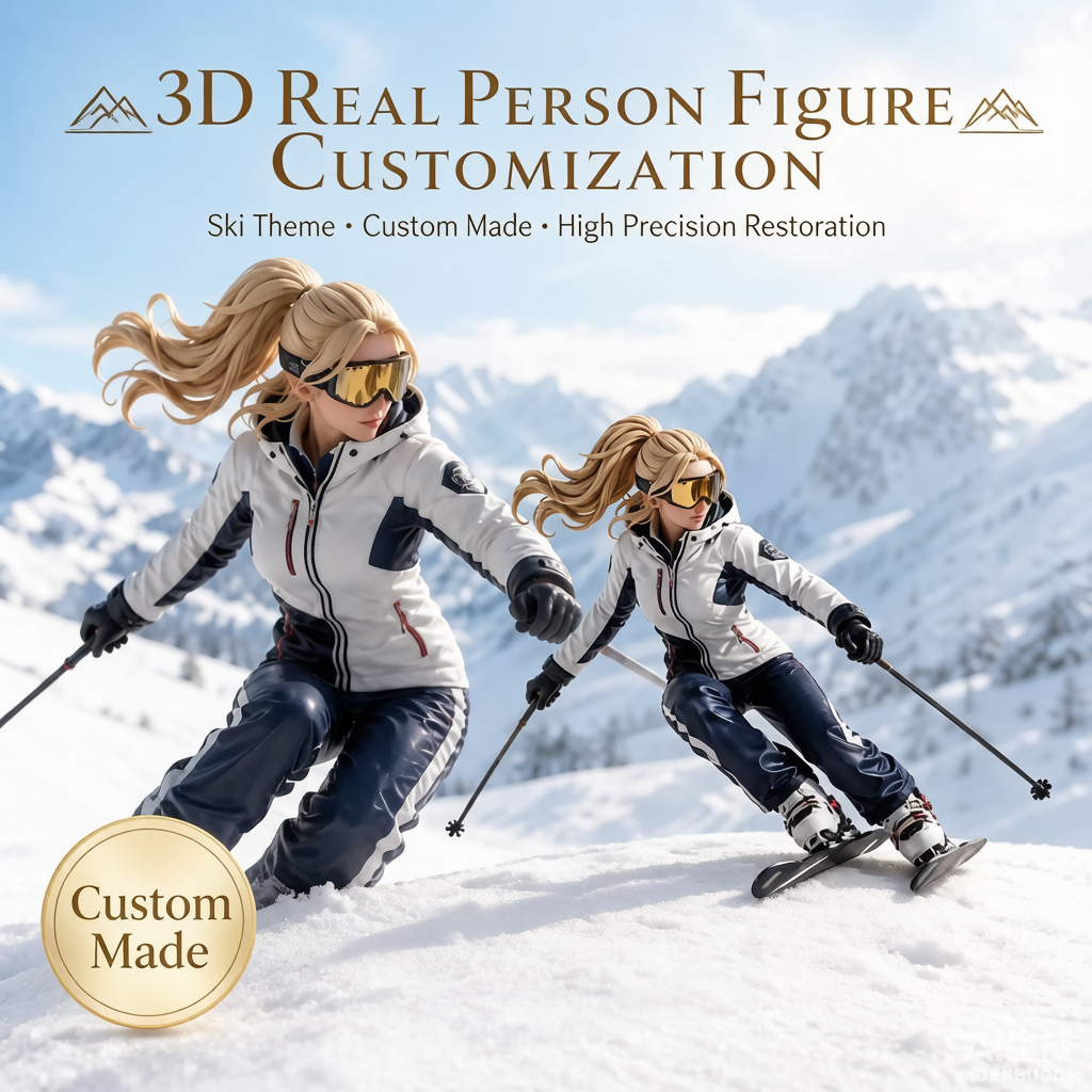 Custom ski-themed 3D figurine in winter gear from photo by Joyfulpop