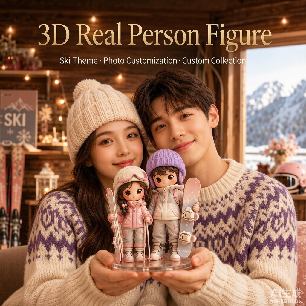 Custom ski-themed 3D figurine in winter gear from photo by Joyfulpop