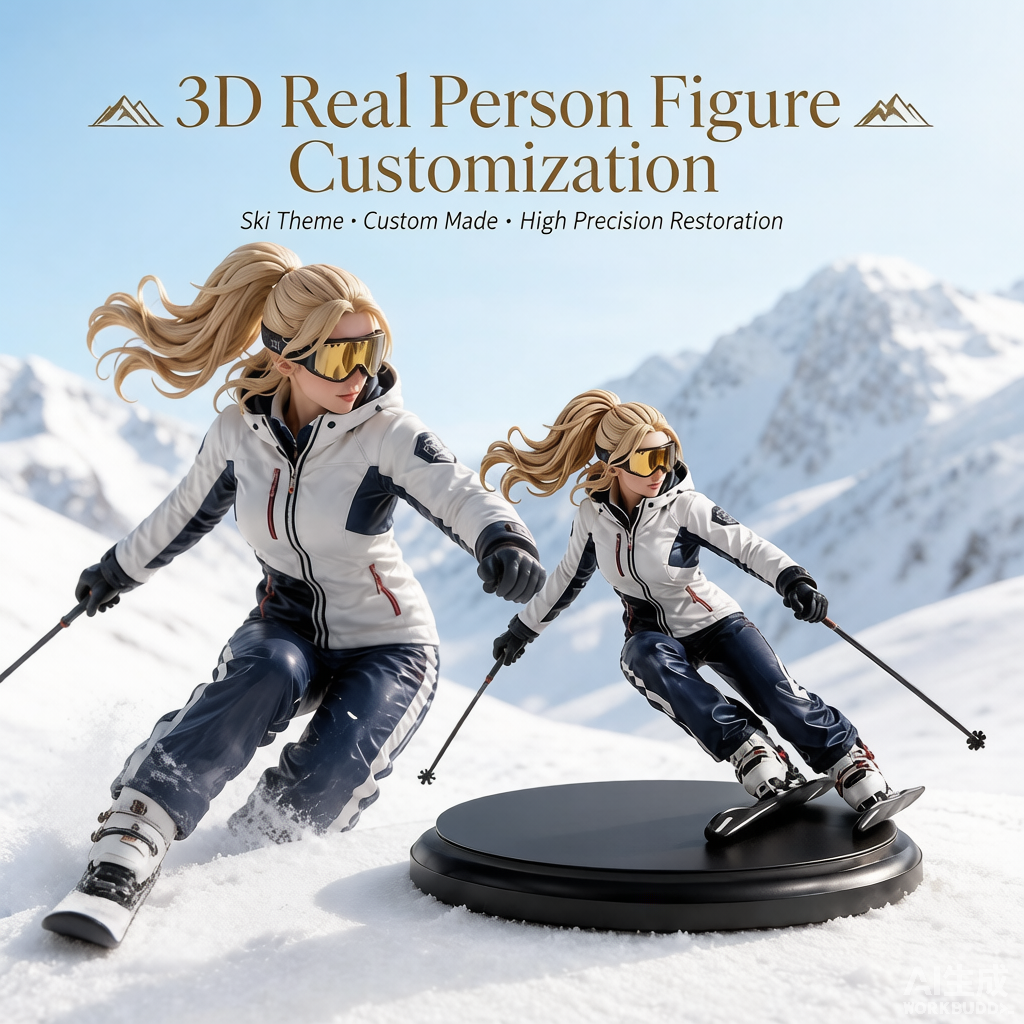 Custom ski-themed 3D figurine in winter gear from photo by Joyfulpop